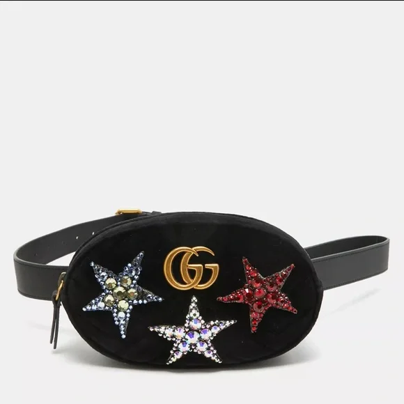 AUTH Gucci Black Matelasse Velvet Star Crystal GG Marmont Belt Bag